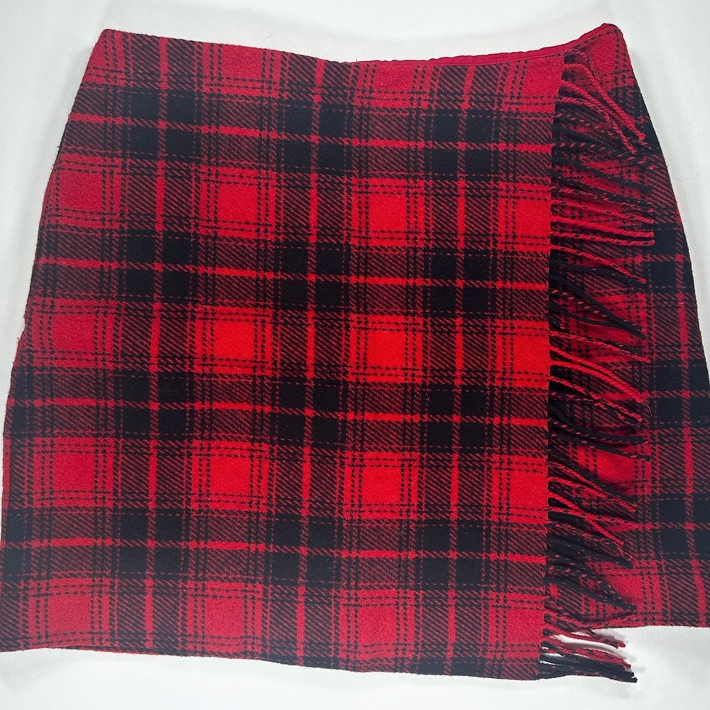 LOFT Petites Red Plaid Fringe Wool Mini Skirt | Holiday Tartan Preppy Academia